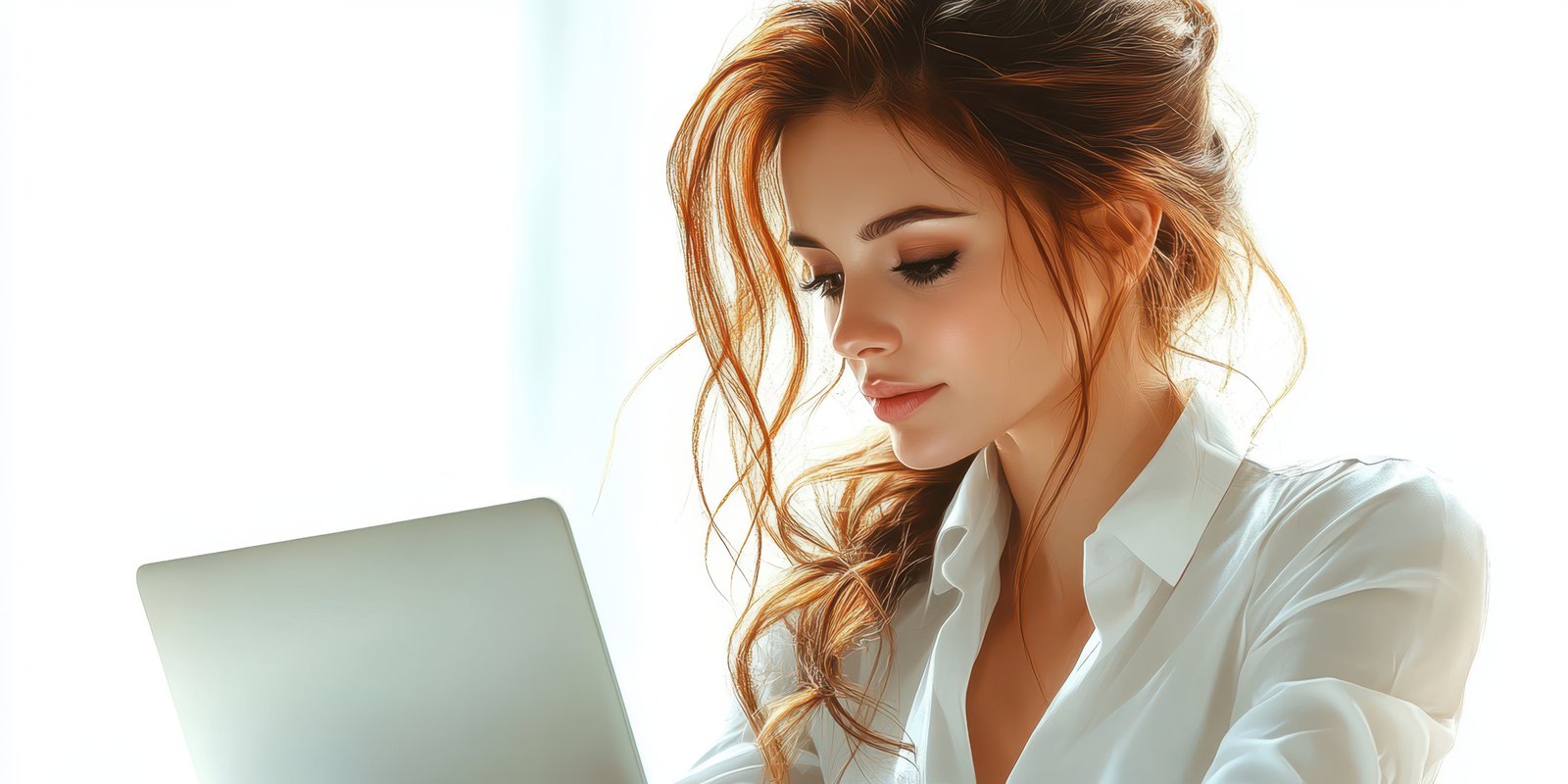Young woman working on a laptop indoors in soft natural light during the day